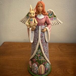 Jim Shore Pink and Cream Angel Figurine Holding Bunny